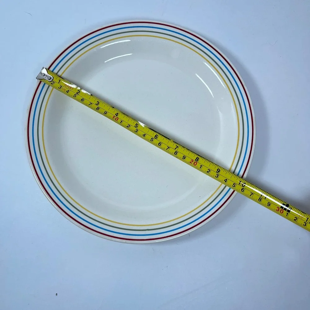 Royal China Aurora Dinner Plate White Red Yellow Blue Stripes Vintage MCM 10in